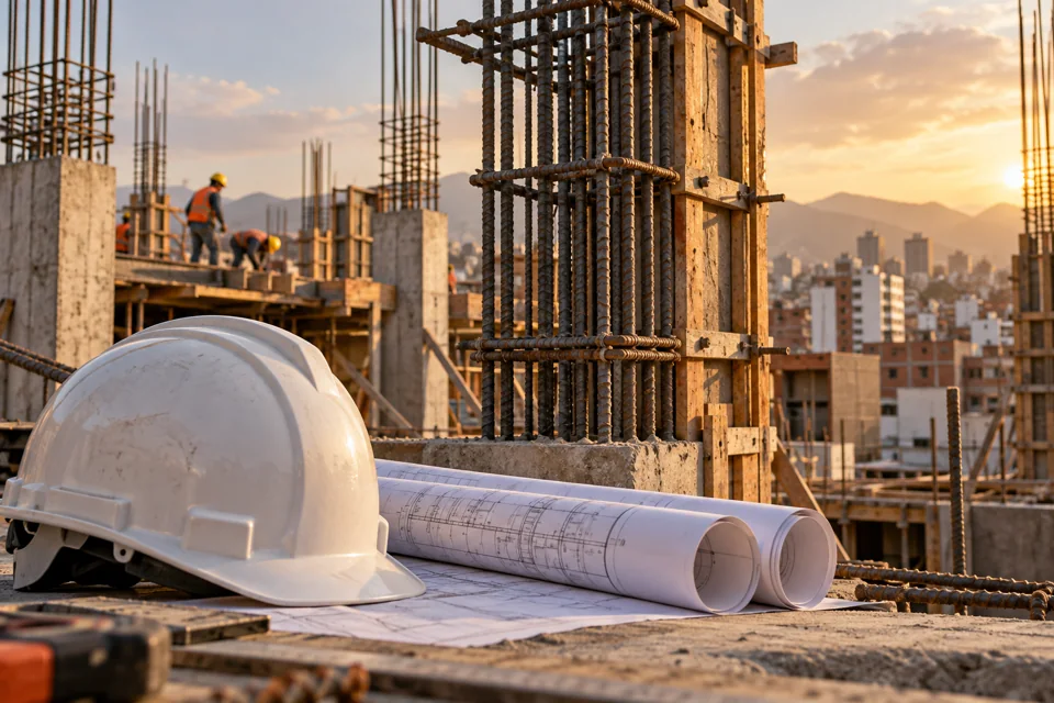 Imagen referencial de una estructura de concreto en construcción con casco y planos